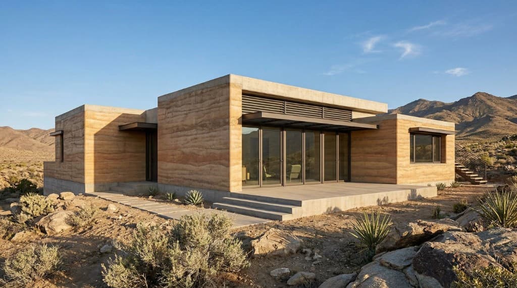 Rammed Earth Desert House architectural render created with Rendershop
